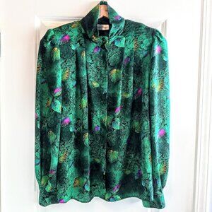 Vintage Philippe Marques Green Leaf Print Jacquard High Neck Blouse